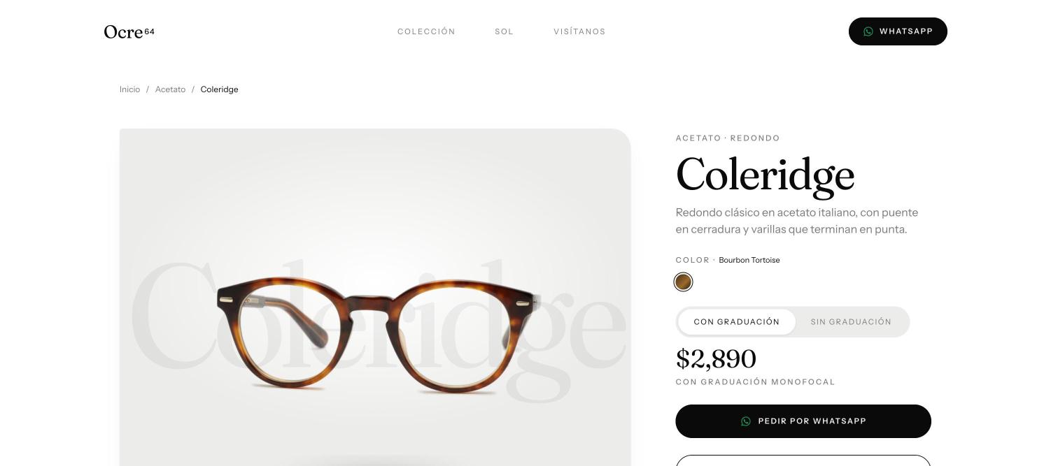 Ficha del modelo Coleridge con descripción, selector de color, precio con y sin graduación y botón Pedir por WhatsApp