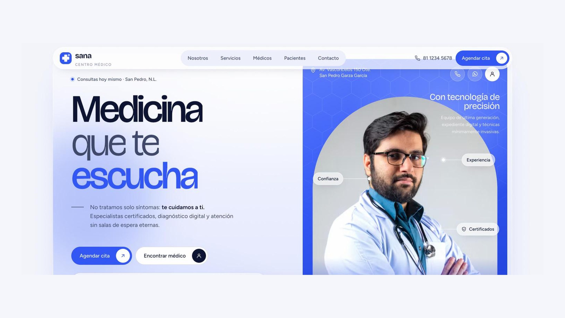 Hero del sitio de Sana Centro Médico: titular 'Medicina que te escucha' junto a la foto de un médico con estetoscopio