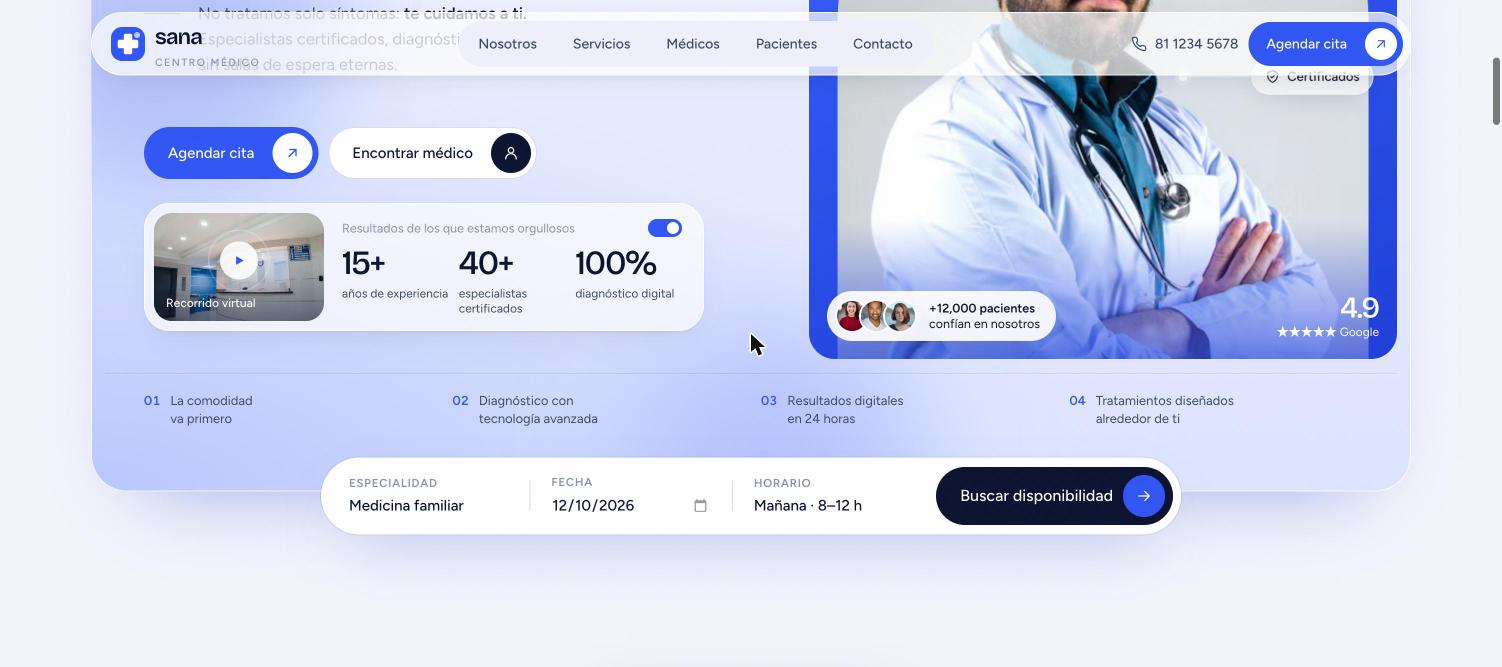 Barra de agenda flotante bajo el hero con los campos Especialidad, Fecha y Horario junto al botón Buscar disponibilidad