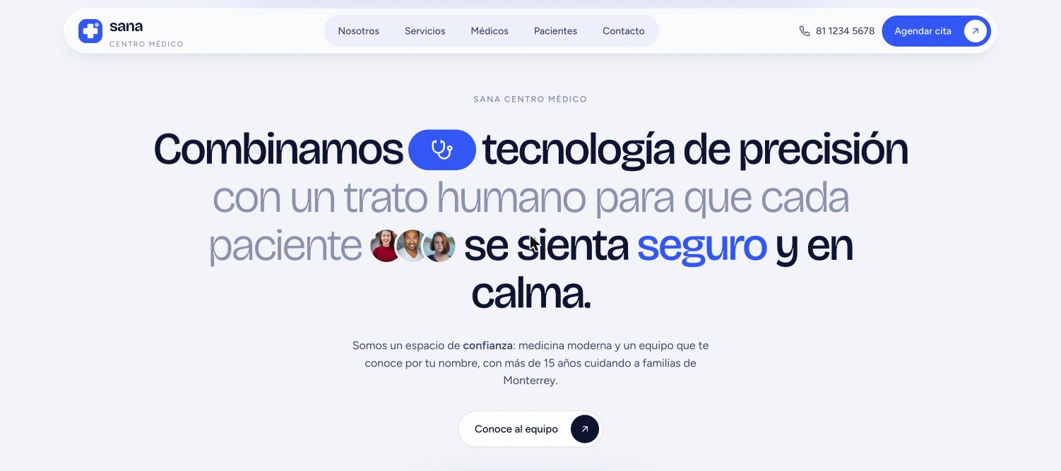 Sección de manifiesto con el texto Combinamos tecnología de precisión con un trato humano, con íconos y avatares intercalados
