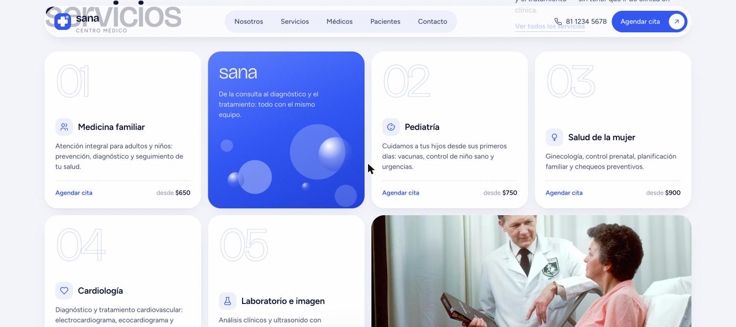 Sección de servicios: tarjetas numeradas de medicina familiar, pediatría, salud de la mujer y cardiología con precio desde