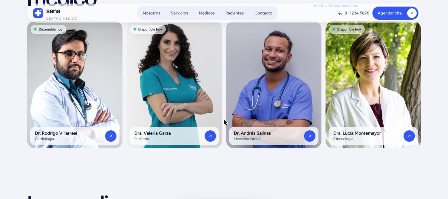 Sección de equipo médico: cuatro tarjetas con foto, especialidad y la etiqueta Disponible hoy