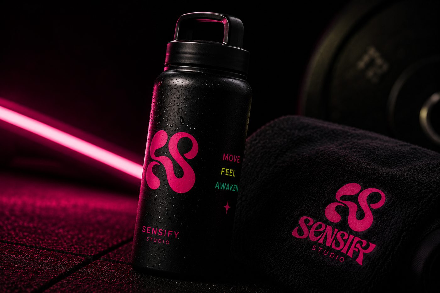 Botella y toalla Sensify con el isotipo, sobre fondo neón rosa