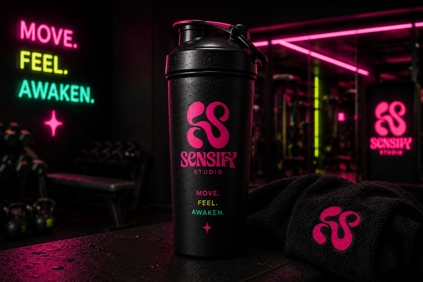 Shaker Sensify en el studio, con letreros neón Move Feel Awaken