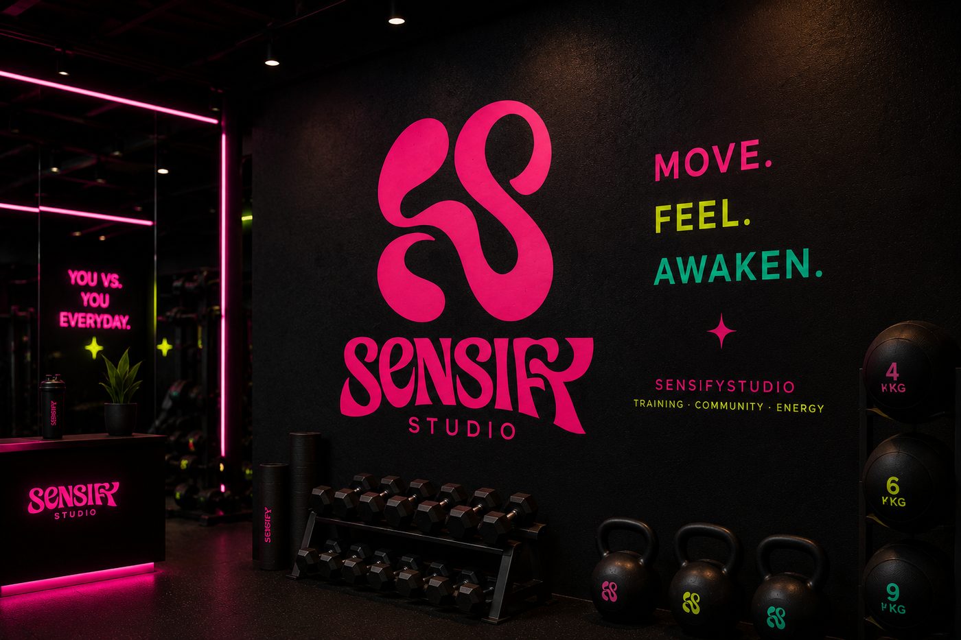 Interior del studio Sensify: pared negra con logotipo rosa neón, mancuernas, kettlebells y lema Move Feel Awaken