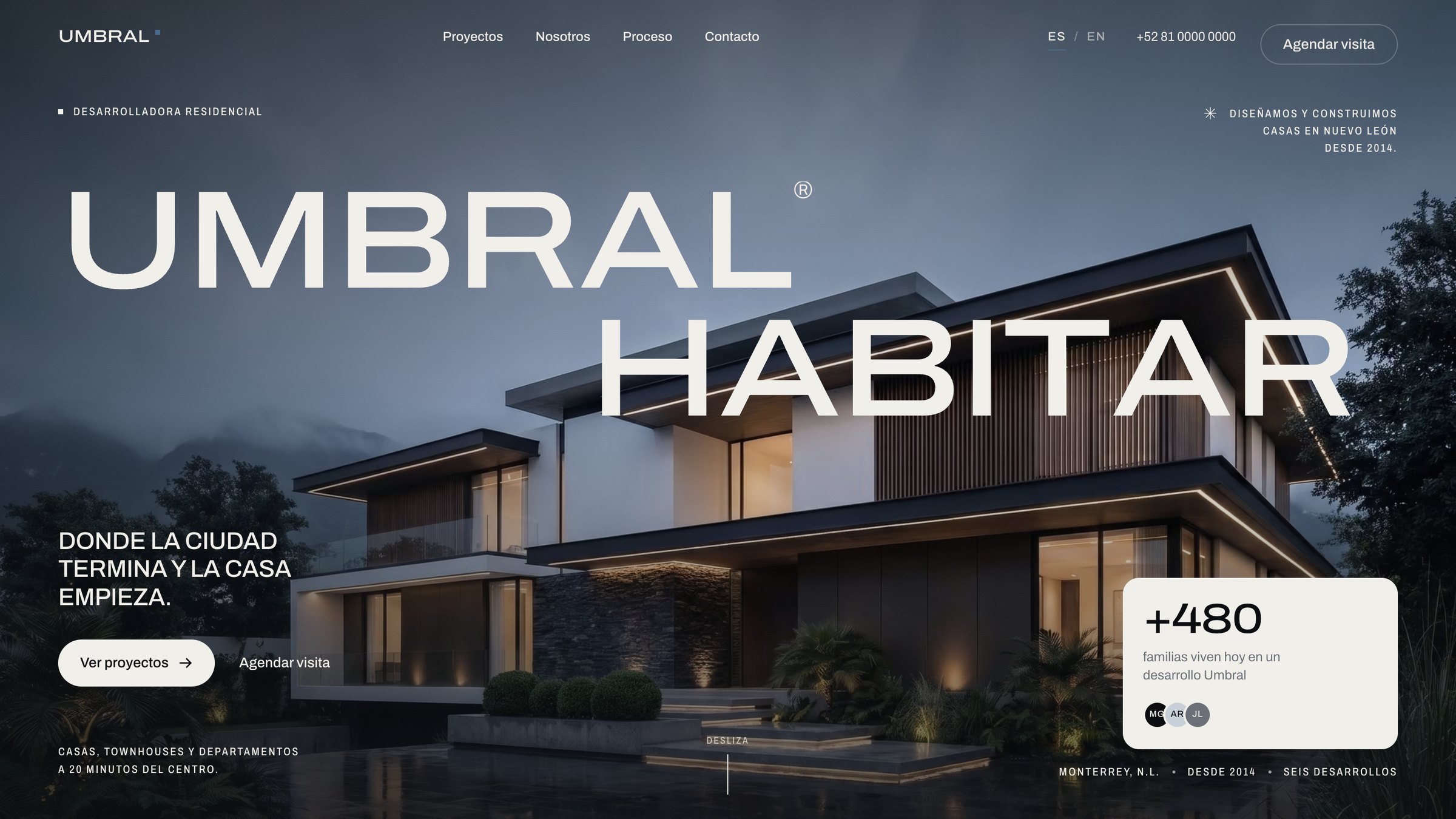 Hero de la landing de Umbral: titular UMBRAL HABITAR sobre un render de casa contemporánea en hora azul