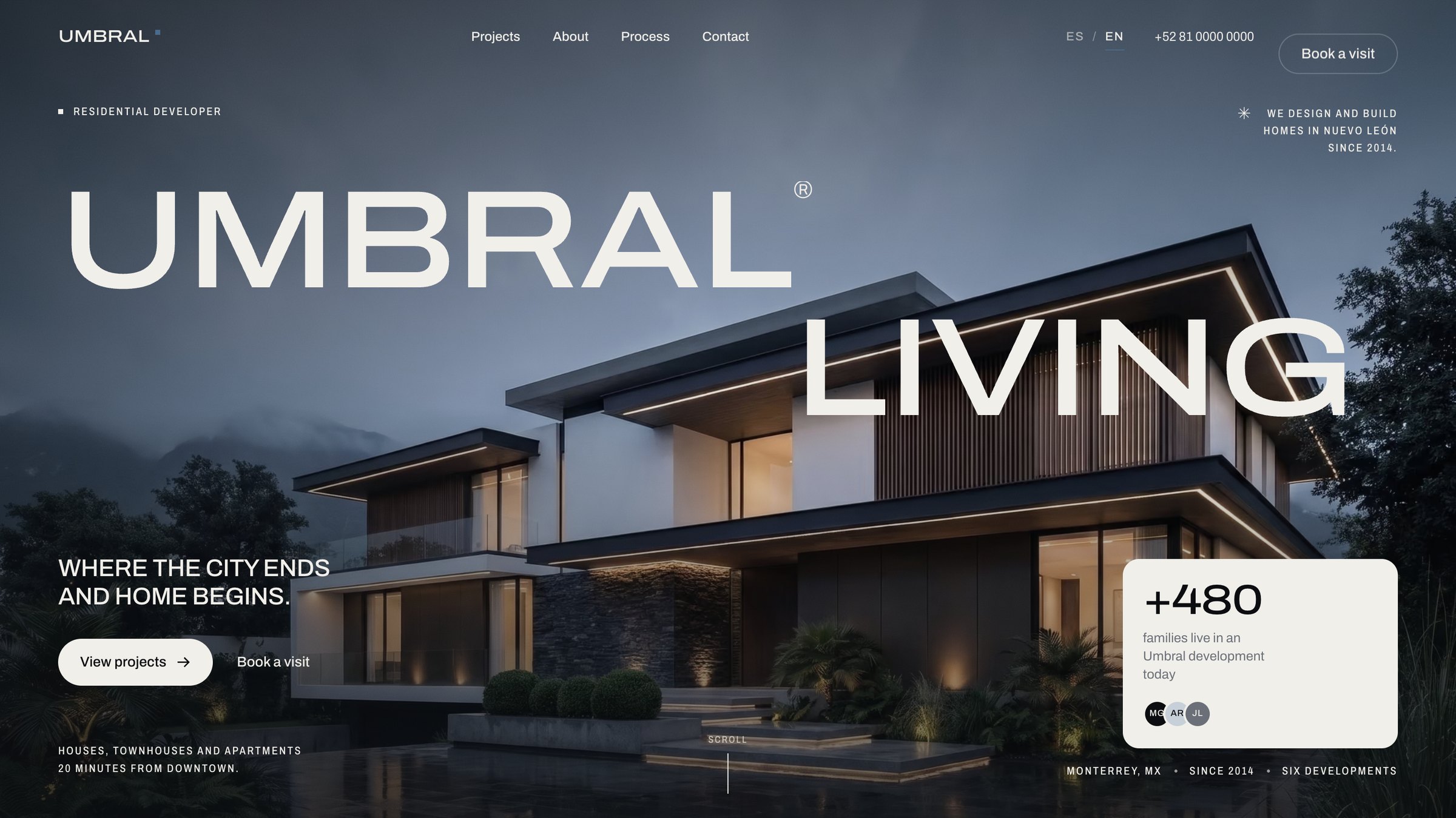 Versión en inglés del hero: UMBRAL LIVING sobre el mismo render en hora azul